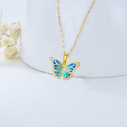 14K Gold Blue Enamel Butterfly Pendant Necklace with Cubic Zirconia Stones - 17 Inches Chain Length