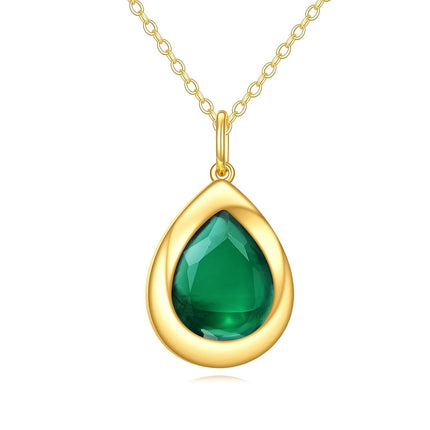 14K Gold Green Emerald Teardrop Pendant Necklace for Women Birthdays Gifts