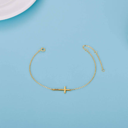 14k Gold Sideways Faith Cross Bracelet for Women Adjustable Chain 6.5 - 8.5