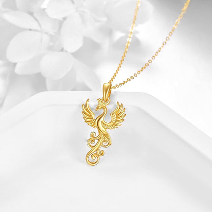 14K Gold Phoenix Pendant Necklace with Gemstone for Women