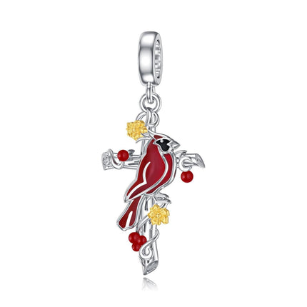 925 Sterling Silver Heart-Shaped Pendant with Red Cardinal and Berries Design for Bracelets or Necklaces