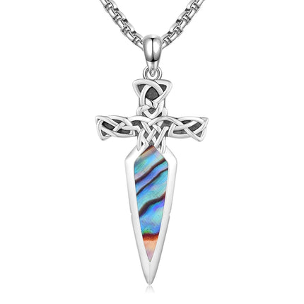 925 Sterling Silver Celtic Cross Abalone Shell Dagger Pendant Necklace for Men Women Vintage Gothic s 48cm Chain Length