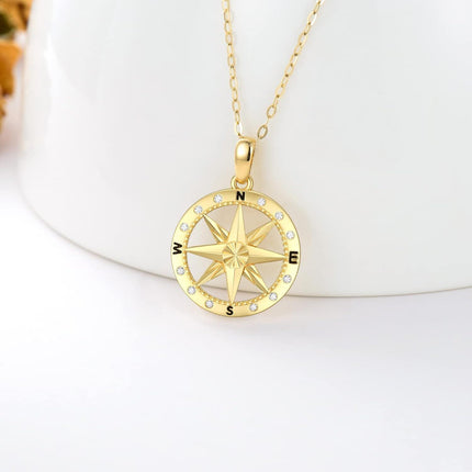 14K Gold CZ Compass Pendant Necklace for Women - 18 Inches Chain