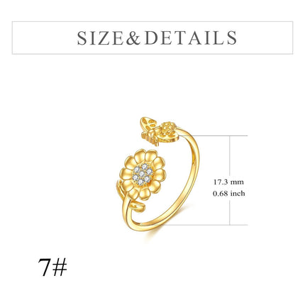 14K Gold Adjustable Bee and Daisy Flower Open Ring  for Women Her