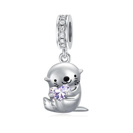 925 Sterling Silver & Alexandrite Otter Charm Bead - 11.2x15mm, Zircon Accent, June Birthstone Jewelry for Bracelets, Gifts