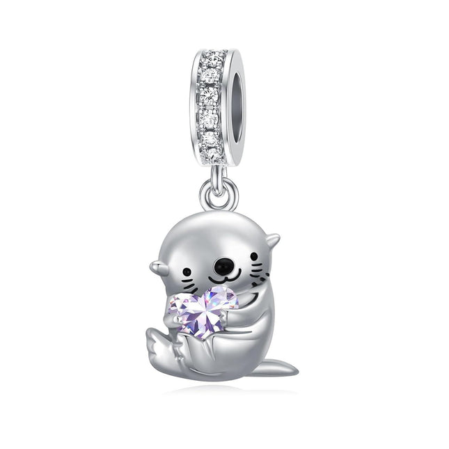 925 Sterling Silver & Alexandrite Otter Charm Bead - 11.2x15mm, Zircon Accent, June Birthstone Jewelry for Bracelets, Gifts