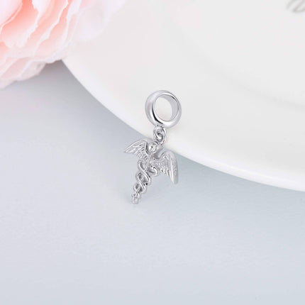 S925 Sterling Silver & Austria Clear White Crystal Caduceus Charm Bracelet for Medical Professionals, Nurses, Doctors - Hypoallergenic, Lead & Nickel Free Jewelry Gift (12mm)