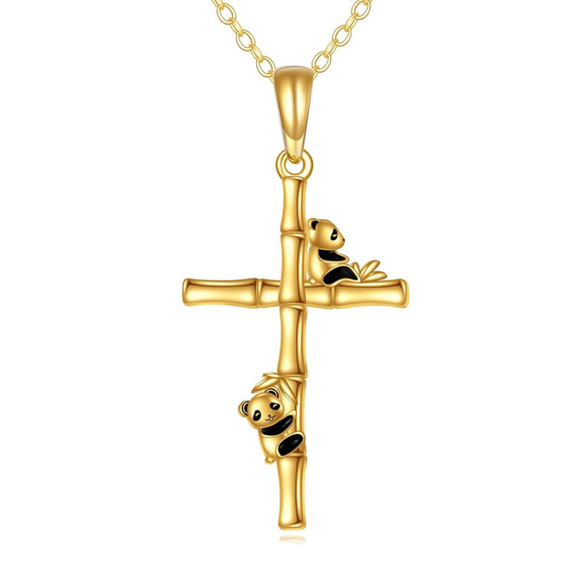 14K Gold Cross with Ladybugs and Crystal Accents Pendant Necklace for Women