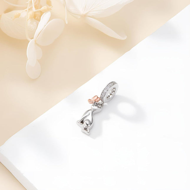 925 Sterling Silver Cat with Rose Gold Flower and CZs Dangle Charm Pendant for Bracelet Necklace Jewelry Making Supplies Gifts Women Girls Kids Teens