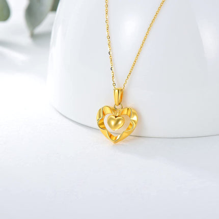 18K Yellow Gold Diamond-Cut Open Heart Pendant Necklace with Sparkling Diamond Surface, Hypoallergenic, Gift Box