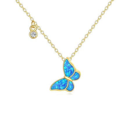 14K Gold Blue Opal Butterfly Charm Pendant Necklace for Women Girls