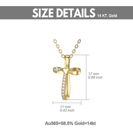 14K Gold Heart-Shaped Diamond Cross Pendant Necklace for Women Girls Faith s 17-39 Inches Adjustable Chain Length
