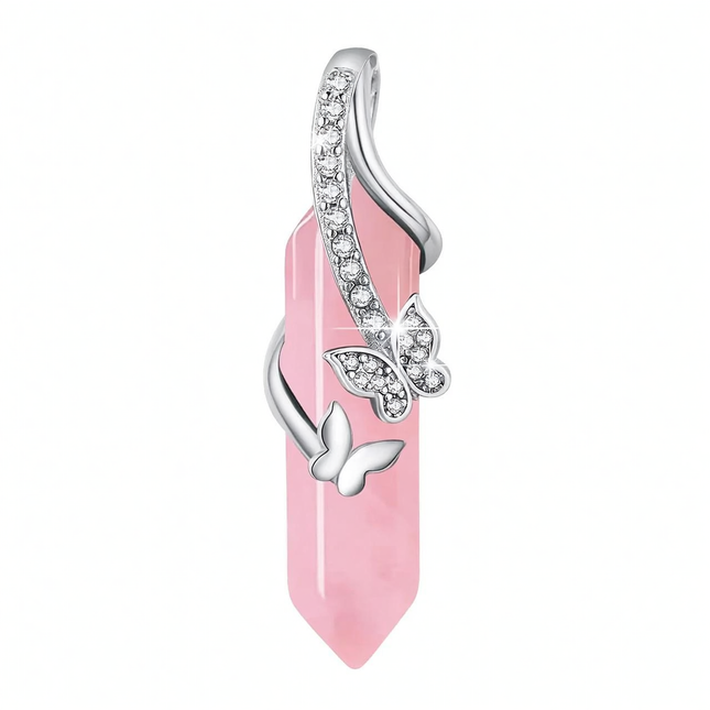 925 Sterling Silver Pink Rose Quartz Amethyst Butterfly Pendant Necklace