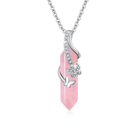 925 Sterling Silver Pink Rose Quartz Amethyst Butterfly Pendant Necklace
