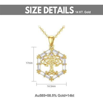 14K Gold White Cubic Zirconia Tree Of Life Pendant Necklace For Women