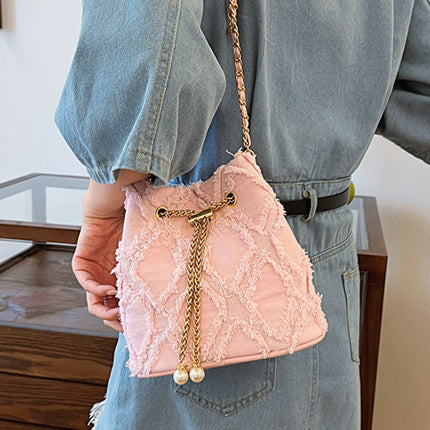 Chain Drawstring Raw Edge Denim Bucket Bag