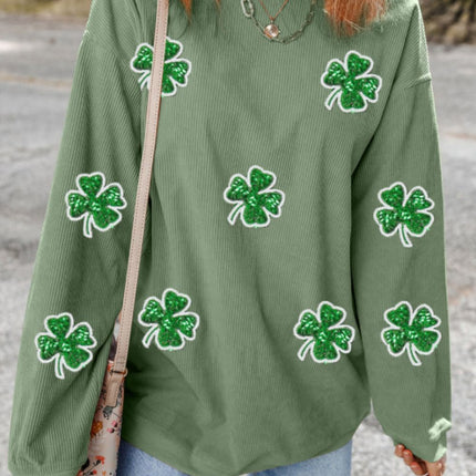 Sequin Lucky Clover Round Neck Long Sleeve Sweatshirt