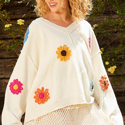 POL V-Neck Flower Patches Long Sleeve Sweater