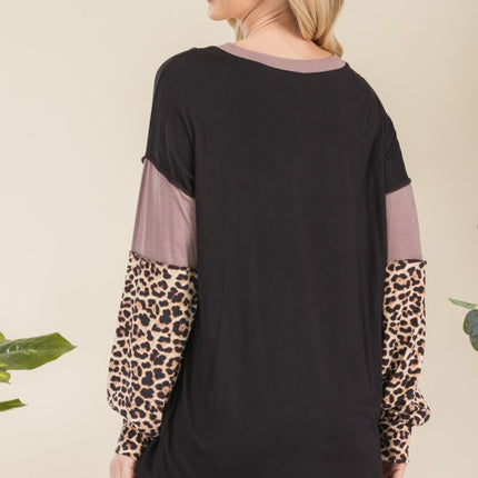 Celeste Full Size Leopard Color Block Exposed Seam T-Shirt