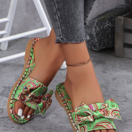 Bow Printed Open Toe Flat Sandals