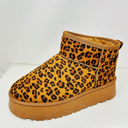 WILD DIVA Leopard Suede Round Toe Platform Booties