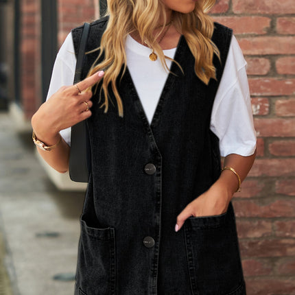 Full Size V-Neck Button Up Denim Vest