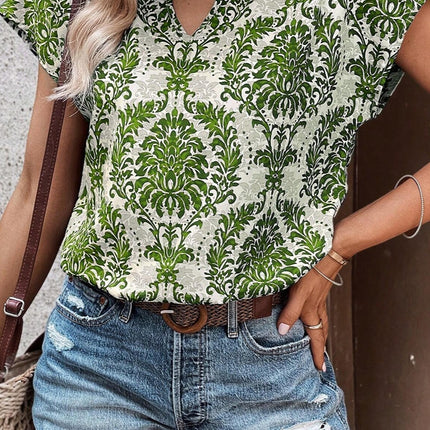 Cutout Printed Short Sleeve Blouse