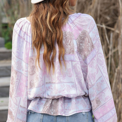 Printed Tie Neck Flounce Sleeve Blouse