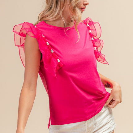 BiBi Pearl Decor Mesh Ruffle Sleeve Top