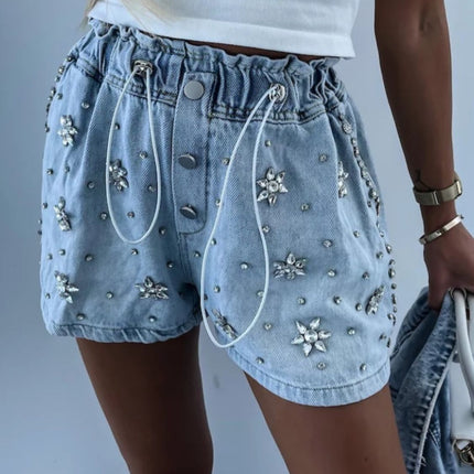 Rhinestone Drawstring Denim Shorts