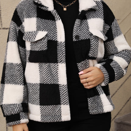 Plus Size Pocketed Plaid Collared Neck Jacket