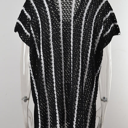 Slit Openwork Striped V-Neck Cover-Up