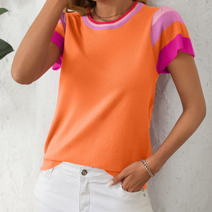 Mandy Contrast Round Neck Short Sleeve Knit Top