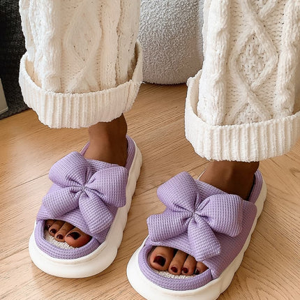 Bow Waffle-Knit Platform Slippers