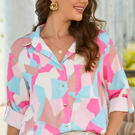 Double Take Multicolored Long Sleeve Collared Shirt