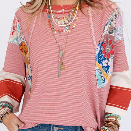 Striped Floral Patchwork Round Neck Top