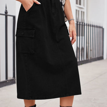 Slit Buttoned Denim Skirt with Pockets