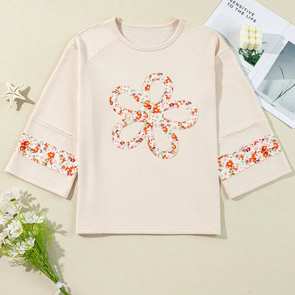 Exposed Seam Slit Floral Round Neck Blouse