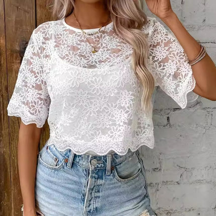 Flower Texture Round Neck Short Sleeve Top