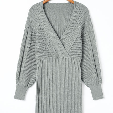 Cable-Knit Surplice Lantern Sleeve Sweater Dress