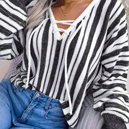 Striped Lace-Up Long Sleeve Sweater