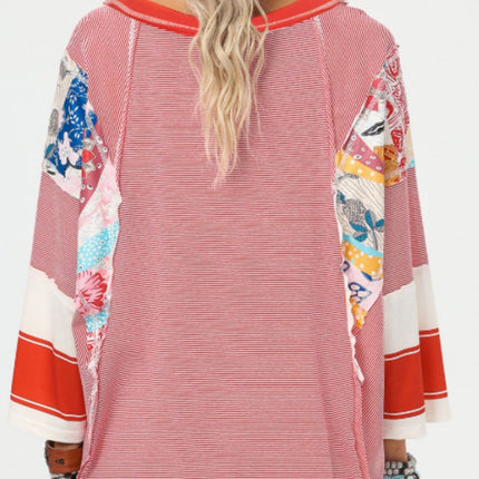 Striped Floral Patchwork Round Neck Top