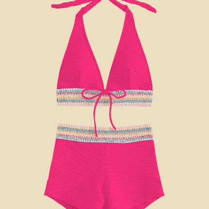 Backless Textured Halter Neck Two-Piece Swim Set