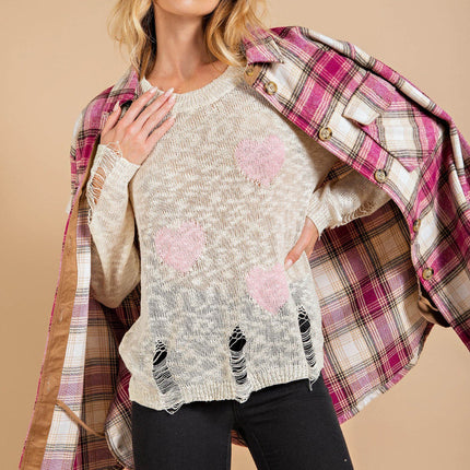 Kori America Heart Pattern Distressed Sweater