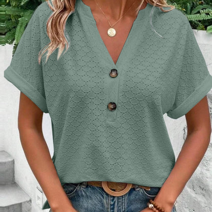 Eyelet Notched Short Sleeve Blouse