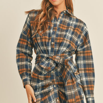 Mable Plaid Flannel Front Tie Button Down Shirt Dress