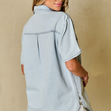 Slit Snap Down Short Sleeve Denim Top