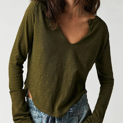 Exposed Seam Notched Long Sleeve T-Shirt