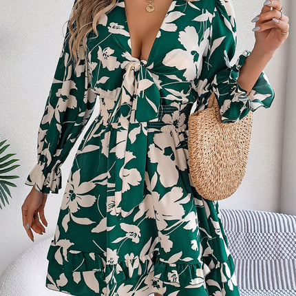 Tied Ruffled Printed Long Sleeve Dress