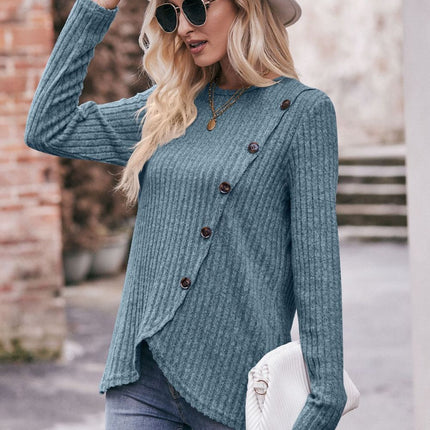 Double Take Ribbed Round Neck Buttoned Long Sleeve Tee